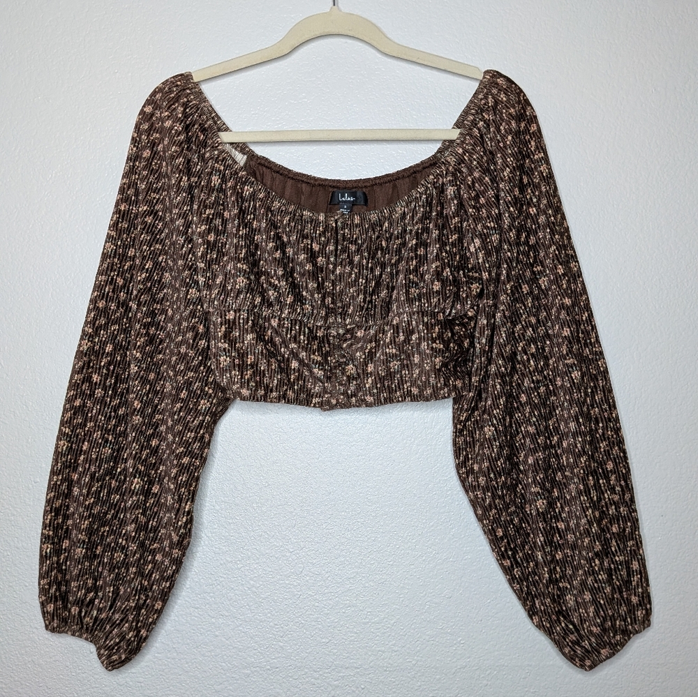 Lulu's Womens Brown Floral Smocked Balloon Puff Sleeve Velvet Crop Top S